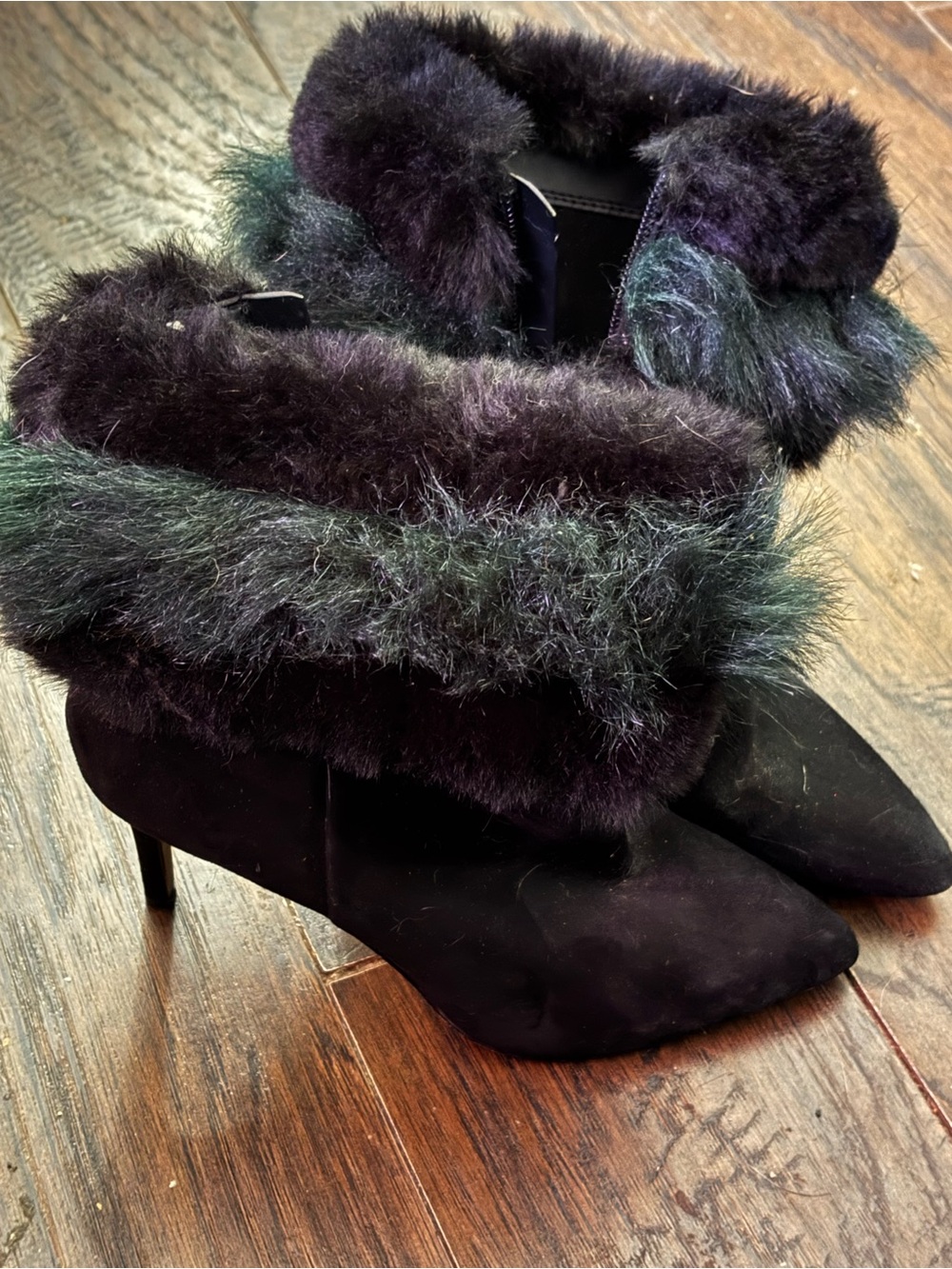Sam Edelman Black Suede Pointed Toe Faux Fur Cuff Ankle Boots